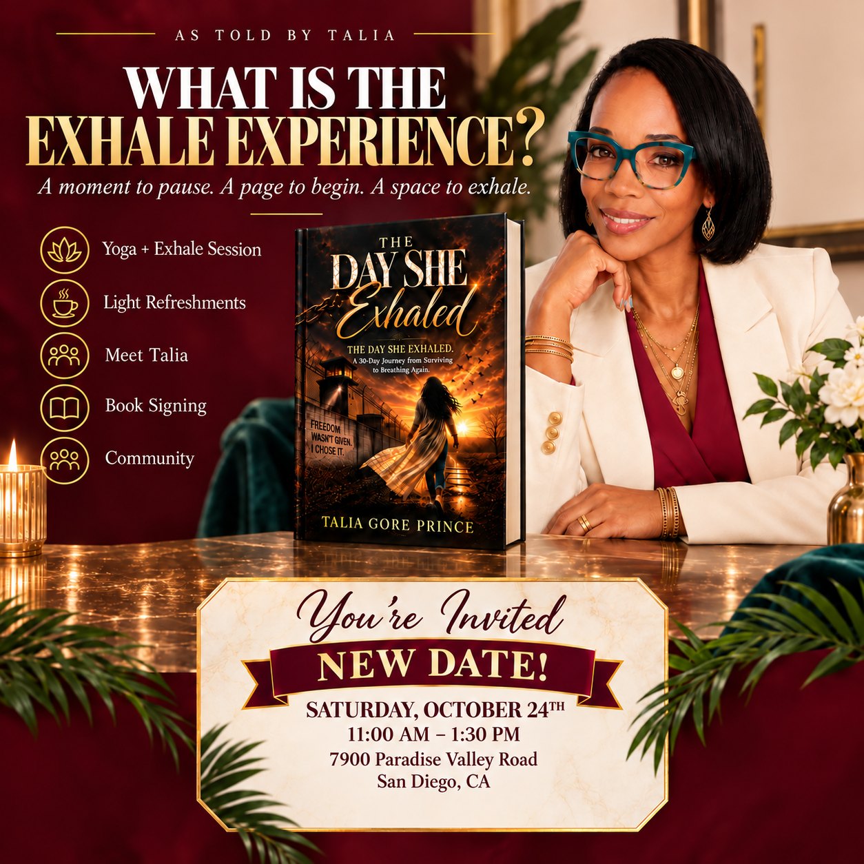 The Exhale Experience invitation for Saturday, October 24 at 7900 Paradise Valley Road in San Diego