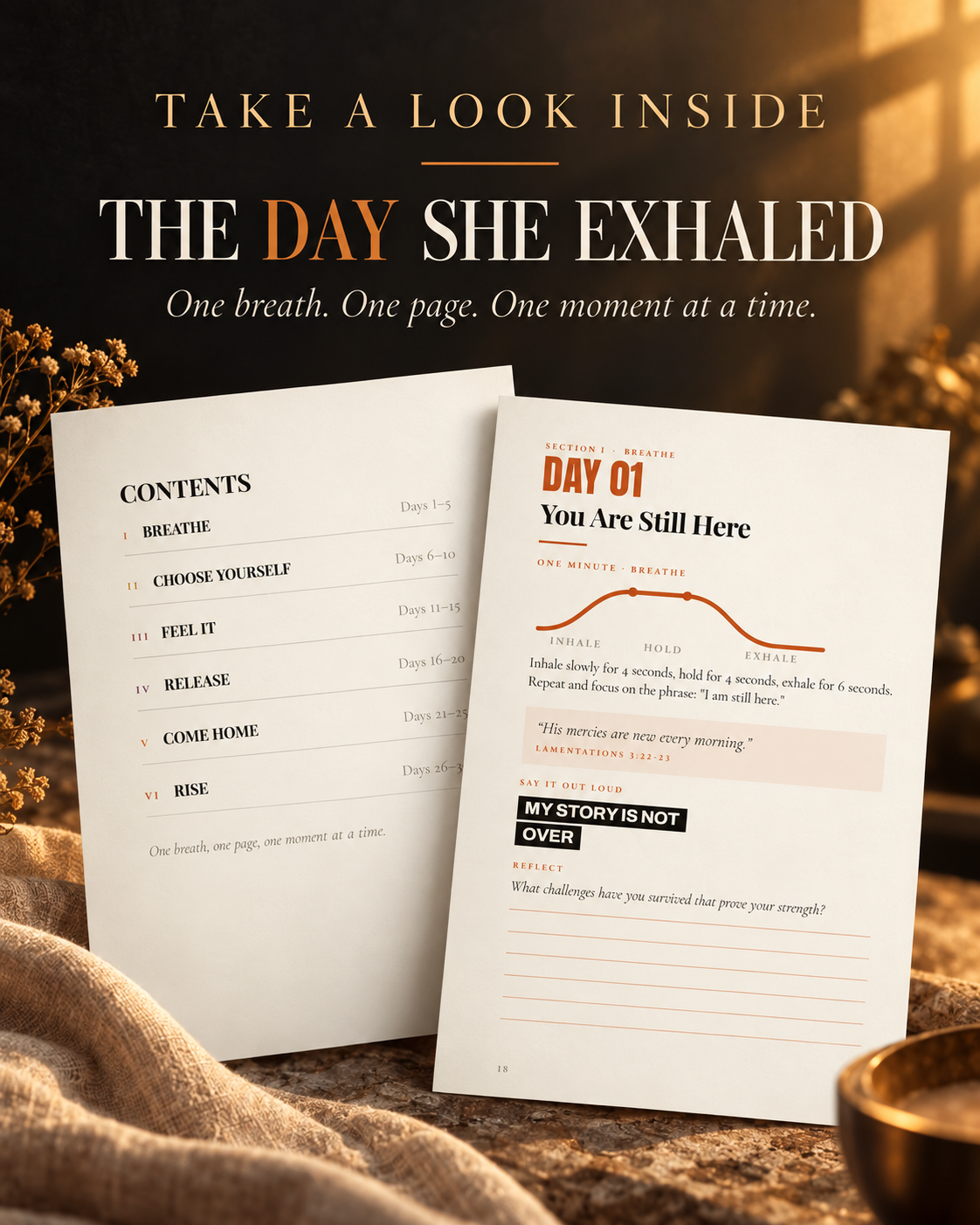 A look inside The Day She Exhaled, including the contents and Day 1 exercise